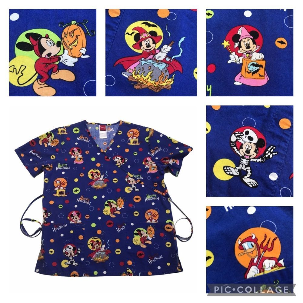 Disney Halloween Scrub Top Mickey Mouse Minnie Mouse Blue Sz S